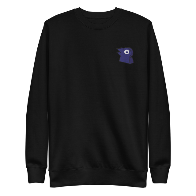 A black crewneck with the Corvid Conspiracy meeple embroidered on the left chest.