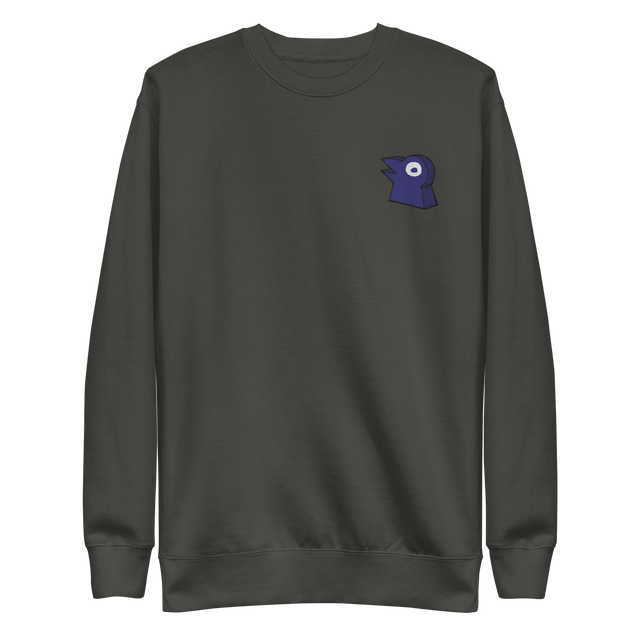 A slate crewneck with the Corvid Conspiracy meeple embroidered on the left chest.