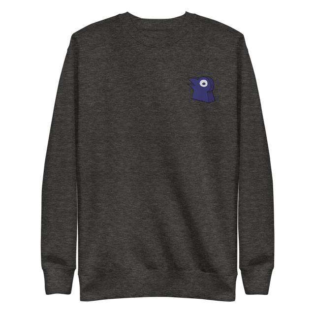 A dark grey crewneck with the Corvid Conspiracy meeple embroidered on the left chest.