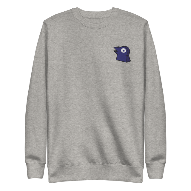 A light grey crewneck with the Corvid Conspiracy meeple embroidered on the left chest.