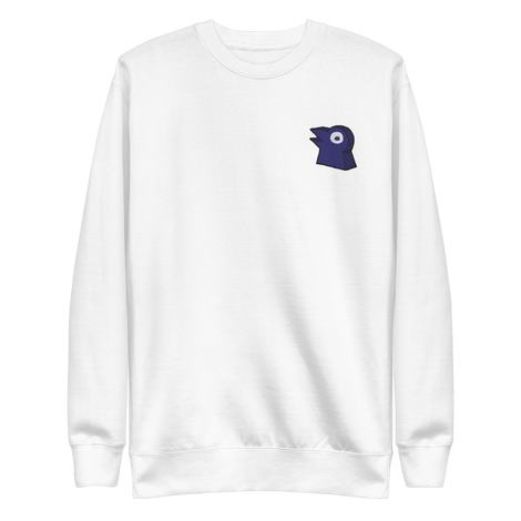 A white crewneck with the Corvid Conspiracy meeple embroidered on the left chest.