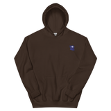 A brown hoodie with the Corvid Conspiracy meeple embroidered on the left chest.