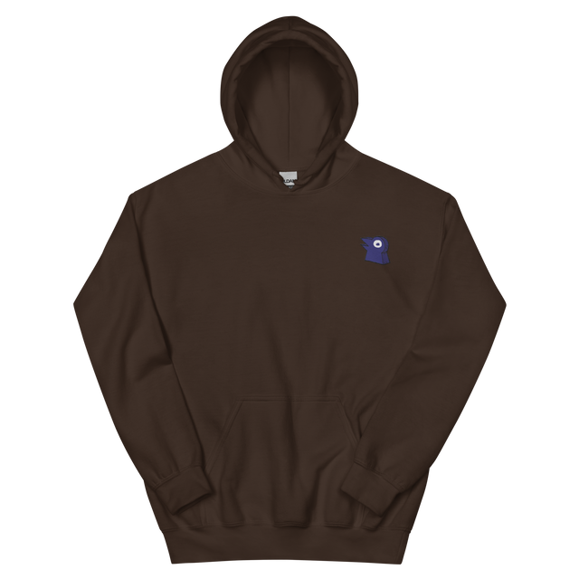 A brown hoodie with the Corvid Conspiracy meeple embroidered on the left chest.