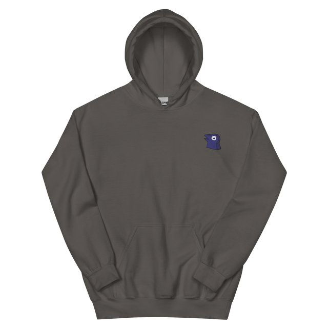 A slate hoodie with the Corvid Conspiracy meeple embroidered on the left chest.