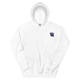 A white hoodie with the Corvid Conspiracy meeple embroidered on the left chest.