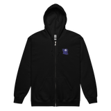 A black zip hoodie with the Corvid Conspiracy meeple embroidered on the left chest.