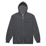 A dark grey zip hoodie with the Corvid Conspiracy meeple embroidered on the left chest.