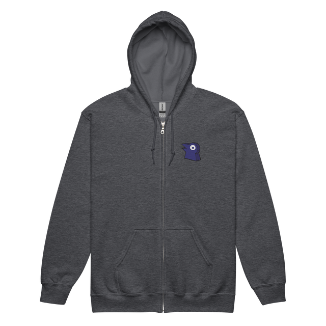 A dark grey zip hoodie with the Corvid Conspiracy meeple embroidered on the left chest.