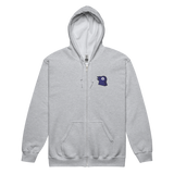 A light grey zip hoodie with the Corvid Conspiracy meeple embroidered on the left chest.
