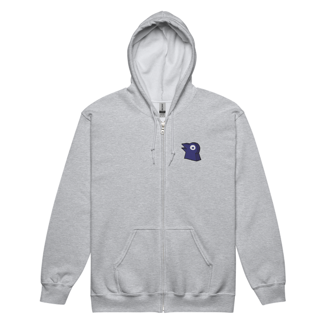 A light grey zip hoodie with the Corvid Conspiracy meeple embroidered on the left chest.