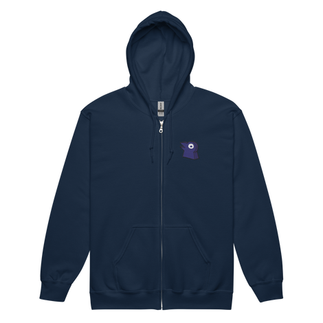 A navy zip hoodie with the Corvid Conspiracy meeple embroidered on the left chest.