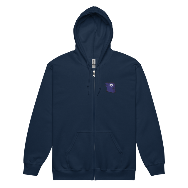 A navy zip hoodie with the Corvid Conspiracy meeple embroidered on the left chest.