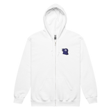 A white zip hoodie with the Corvid Conspiracy meeple embroidered on the left chest.