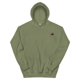 An army green hoodie with the Underground Duchy mole meeple embroidered on the left chest.