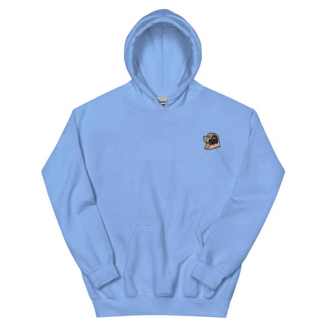 A light blue hoodie with the Underground Duchy mole meeple embroidered on the left chest.