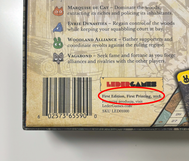 Photo showing where on your Root base box you can find what edition and printing your game is. 