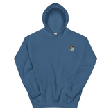 A blue hoodie with the Keepers meeple embroidered on the left chest.