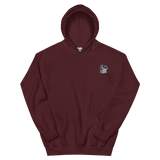 A maroon hoodie with the Keepers meeple embroidered on the left chest.