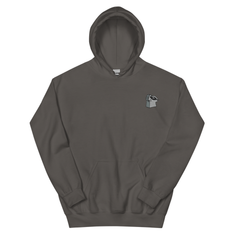 A slate grey hoodie with the Keepers meeple embroidered on the left chest.