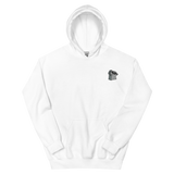 A white hoodie with the Keepers meeple embroidered on the left chest.