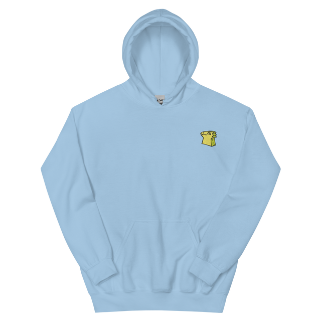 A light blue hoodie with the Lizard Cult  meeple embroidered on the left chest.