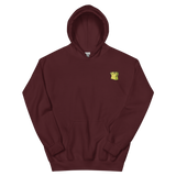 A maroon hoodie with the Lizard Cult  meeple embroidered on the left chest.