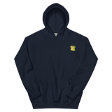 A navy hoodie with the Lizard Cult  meeple embroidered on the left chest.