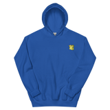 A royal blue hoodie with the Lizard Cult  meeple embroidered on the left chest.