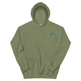 An army green hoodie with the Riverfolk Company otter meeple embroidered on the left chest.