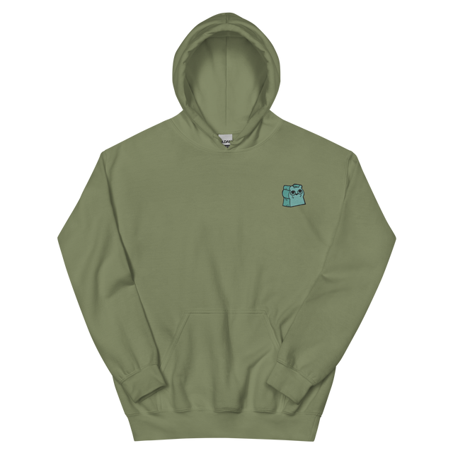 An army green hoodie with the Riverfolk Company otter meeple embroidered on the left chest.