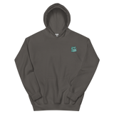A charcoal grey hoodie with the Riverfolk Company otter meeple embroidered on the left chest.