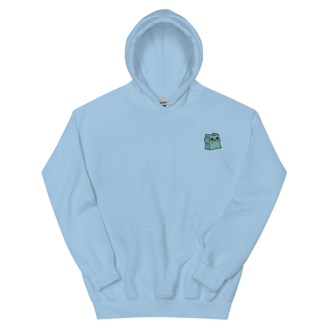 A light blue hoodie with the Riverfolk Company otter meeple embroidered on the left chest.