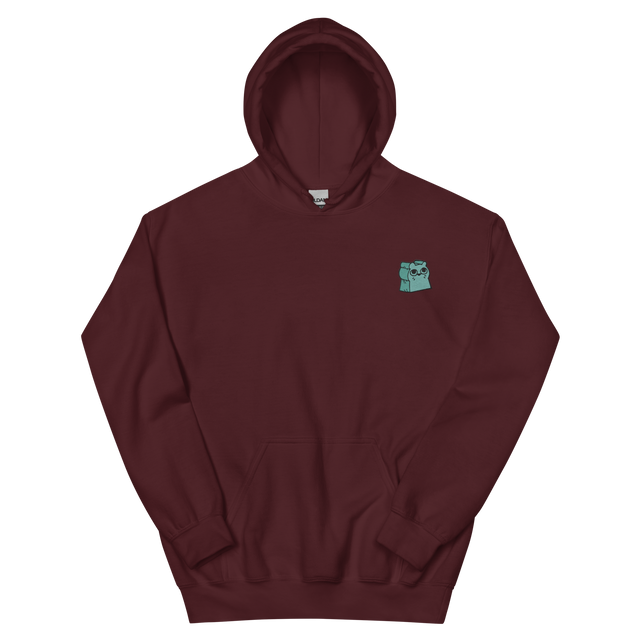 A maroon hoodie with the Riverfolk Company otter meeple embroidered on the left chest.
