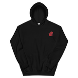 A black hoodie with the Lord of the Hundreds meeple embroidered on the left chest.