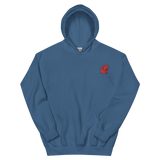 A blue hoodie with the Lord of the Hundreds meeple embroidered on the left chest.