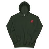 A green hoodie with the Lord of the Hundreds meeple embroidered on the left chest.