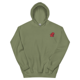 An army green hoodie with the Lord of the Hundreds meeple embroidered on the left chest.