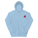 A light blue hoodie with the Lord of the Hundreds meeple embroidered on the left chest.