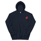 A navy hoodie with the Lord of the Hundreds meeple embroidered on the left chest.