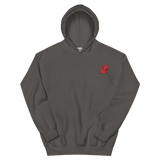 A slate grey hoodie with the Lord of the Hundreds meeple embroidered on the left chest.