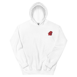 A white hoodie with the Lord of the Hundreds meeple embroidered on the left chest.