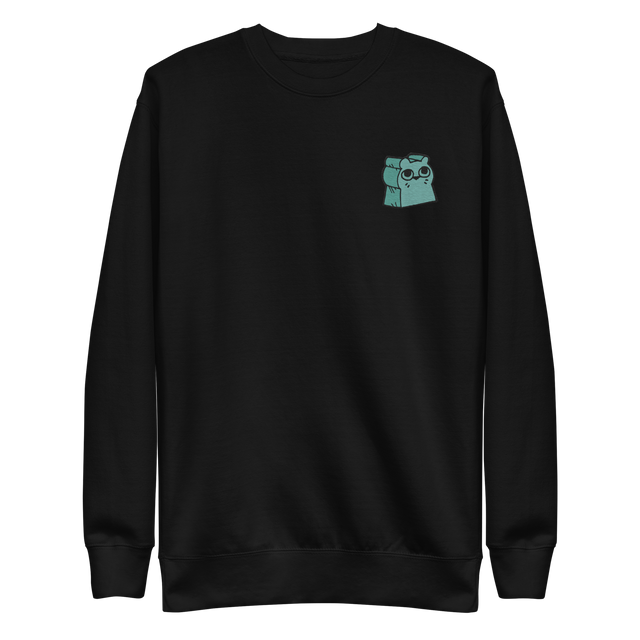 Black crewneck sweatshirt with the Riverfolk Otter meeple embroidered on the left chest. 