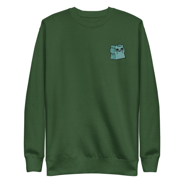 Green crewneck sweatshirt with the Riverfolk Otter meeple embroidered on the left chest. 