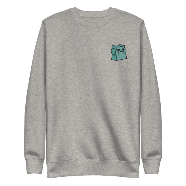 Light grey crewneck sweatshirt with the Riverfolk Otter meeple embroidered on the left chest. 