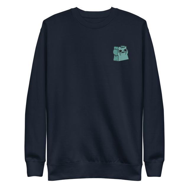 Navy crewneck sweatshirt with the Riverfolk Otter meeple embroidered on the left chest. 
