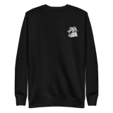 Black crewneck sweatshirt with the Raccoon Vagabond meeple embroidered on the left chest.