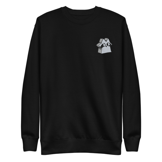Black crewneck sweatshirt with the Raccoon Vagabond meeple embroidered on the left chest.