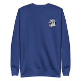 Blue crewneck sweatshirt with the raccoon vagabond meeple embroidered on the left chest. 