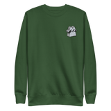 Green crewneck sweatshirt with the Raccoon Vagabond meeple embroidered on the left chest.