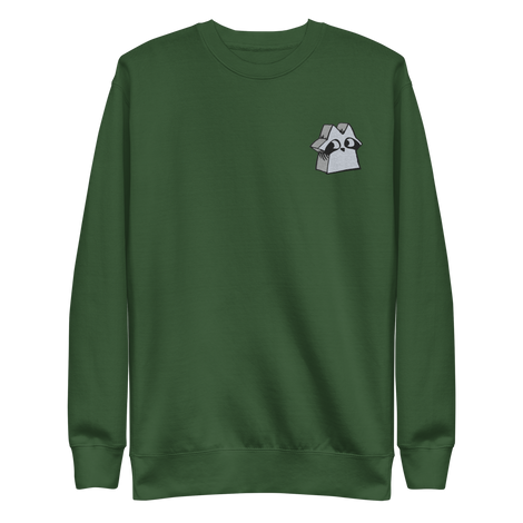 Green crewneck sweatshirt with the Raccoon Vagabond meeple embroidered on the left chest.